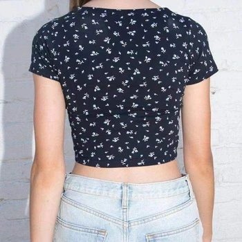 2023 Yeni Çiçek Klasik Kırpılmış Göbek Mizaç Bluz Kızlar Yaz Zayıflama V Yaka Kısa kollu kore tişört Kadın Üst