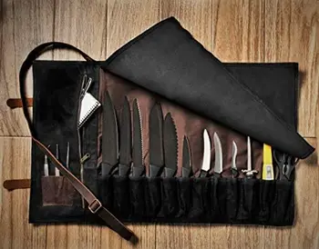 Kanvas Bıçak Rulosu - 15 Bıçak Yuvası, Kartlık ve Büyük Fermuarlı Cep - Hakiki Deri, Kumaş ve Pirinç Tokalar-Şefler için