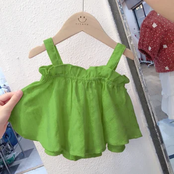 Kızın halter batı tarzı pamuklu bluz bebek gömlek yaz yelek kız bebek pembe dantel yaz elbisesi