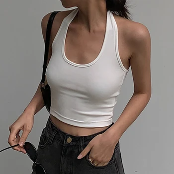 Pamuk Seksi Backless siyah beyaz kolsuz tişört Halter Streetwear Yelek Kadın Kırpma Üst Yaz 2023 Temel T-shirt Bayanlar Tüp Camiş