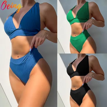 OEİNG Seksi Nervürlü bikini seti Geri Çapraz Dantel Up Yastıklı Sütyen Tanga Yüzme Mayo Yeni 2022 Mujer Mayo Yaz Biquinis