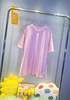 Düz Renk Parlak Rhinestones Tees Kadınlar İçin Rahat Gevşek Tees Taşlar Yaz T Gömlek camiseta de verano para mujer