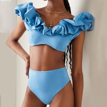 Kadın Mayo Katı Set Kadın 2 Parça Kabarcıklı Boyun Yüksek Belli Bikini Elegance Slim Fit Yaz Plaj Moda Tankini