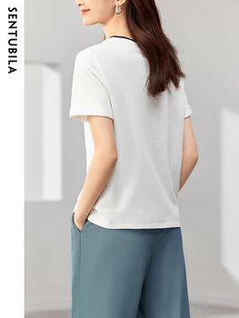 Sentubila Yaz Üstleri Örgü pamuklu tişört Kadın 2023 Moda Rahat Kontrast Renk Nakış Düz beyaz tişört Gömlek