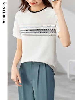Sentubila Yaz Üstleri Örgü pamuklu tişört Kadın 2023 Moda Rahat Kontrast Renk Nakış Düz beyaz tişört Gömlek