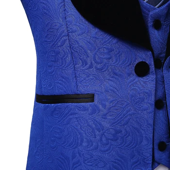 Zarif Takım Elbise Erkekler Artı Boyutu Siyah Şal Yaka Kraliyet Mavi Çiçek Blazer Resmi Damat Giyim Düğün Smokin 3 Adet Erkek Elbise 2024