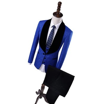 Zarif Takım Elbise Erkekler Artı Boyutu Siyah Şal Yaka Kraliyet Mavi Çiçek Blazer Resmi Damat Giyim Düğün Smokin 3 Adet Erkek Elbise 2024