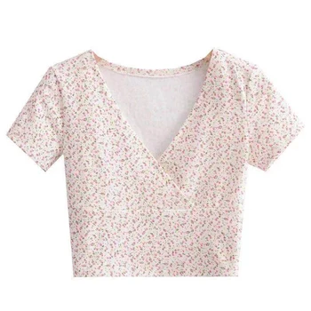 2023 Yeni Çiçek Klasik Kırpılmış Göbek Mizaç Bluz Kızlar Yaz Zayıflama V Yaka Kısa kollu kore tişört Kadın Üst