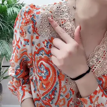 Kadın giyim Zarif Dantel Eklenmiş V Yaka şifon bluz Bahar Yeni Kadın Casual Vintage Uzun Kollu Baskılı Gevşek Gömlek