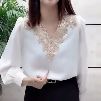Kadın giyim Zarif Dantel Eklenmiş V Yaka şifon bluz Bahar Yeni Kadın Casual Vintage Uzun Kollu Baskılı Gevşek Gömlek