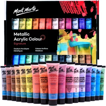Mont Marte Premium Metalik Akrilik boya seti 12/24 Renkler 36ml Tüpler Dahil Çoğu Yüzey için Uygun Tuval karton kutu Ahşap