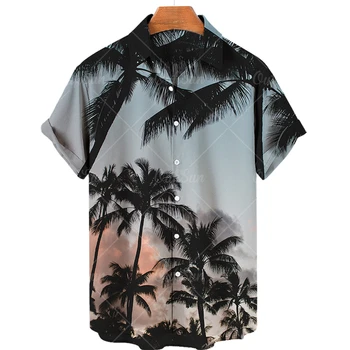 Moda Gömlek Erkekler için Rahat Hindistan Cevizi Ağacı Baskı Kısa Kollu Yaka İnce havai gömleği Beachwear Seyahat 2022 Yaz Yeni Üst 5xl
