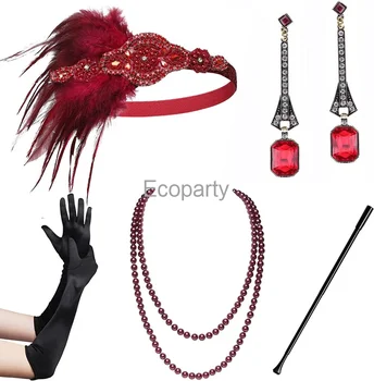 1920s Sineklik Aksesuarları Gatsby Kostüm Aksesuarları Seti 20s Sineklik Kafa Bandı İnci Kolye Eldiven Plastik Tutucu Başlığı