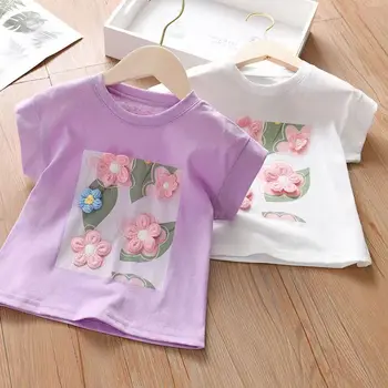 Kızlar yazlık kısa kollu t-shirt 2023 Yeni Saf Pamuklu Bebek Giysileri Çocuk Üst Kızlar Çiçek Nakış Yuvarlak Boyun Giyim