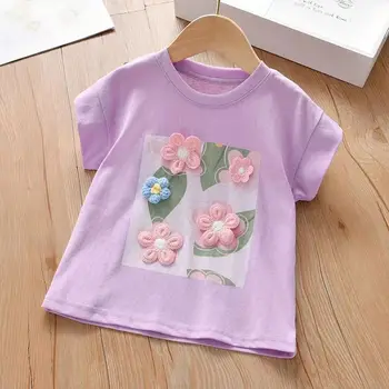Kızlar yazlık kısa kollu t-shirt 2023 Yeni Saf Pamuklu Bebek Giysileri Çocuk Üst Kızlar Çiçek Nakış Yuvarlak Boyun Giyim