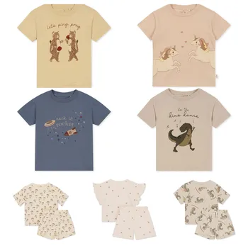 Erkek ve Kız T-shirtü 2023 Yaz KS Kısa kollu Şort Takım Elbise Tam Baskı Kiraz Rengi Organik pamuklu tişört Üst