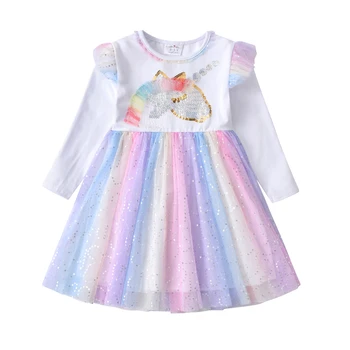VIKITA Kız Elbise Sonbahar Kış Çocuklar Rahat Uzun Kollu Elbise Kız Unicorn Parti Prenses Elbise Çocuk Giyim 3-8 yıl
