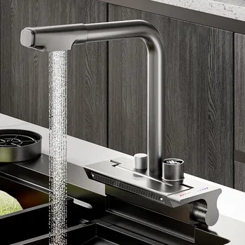 Şelale Mutfak Musluk Pull-Out Pirinç Sıcaklık dijital ekran Büyük Sıcak Soğuk evye su musluğu Rotasyon Tek Delik Musluk