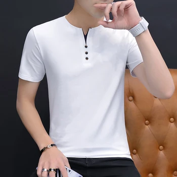Yaz T Gömlek Erkekler Pamuk V Yaka Nefes Ince Düz Renk Marka T-Shirt Moda Modası Kısa Kollu Üst Artı Boyutu M-4XL